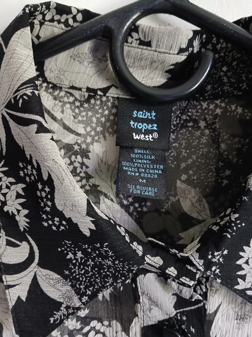 Sheer Black & White Floral Button-Up Blouse 100% Silk SzM Puff Sleeve